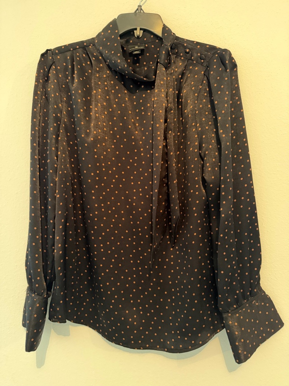 Worthington Navy Blouse with Tan Polka Dots and Tie Neck